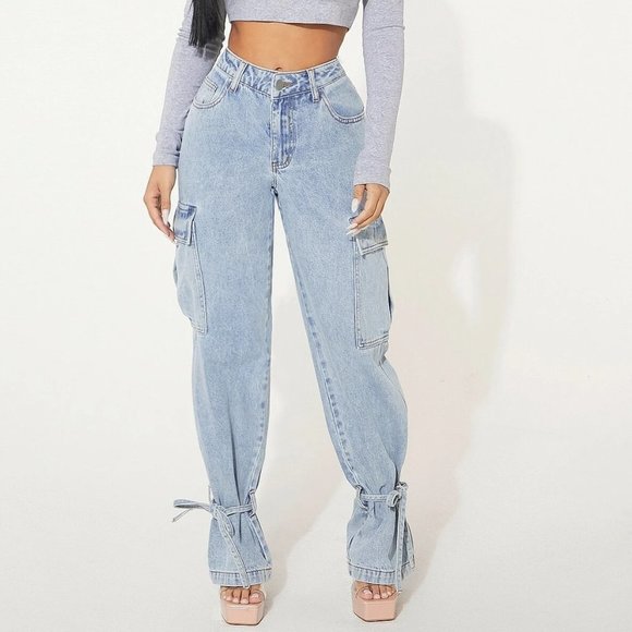 . Denim - Blue Casual Womens Flap Pocket Knot Detail Cargo Jeans